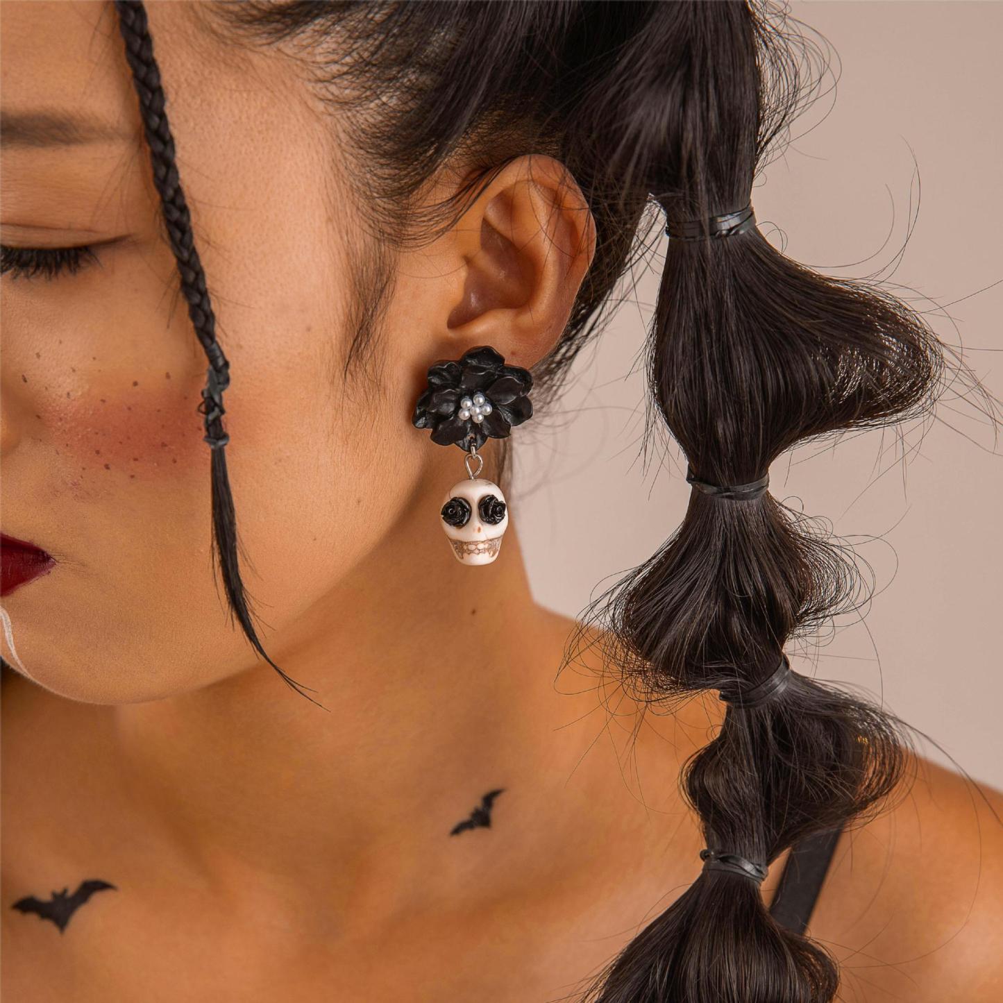 Skull and Black Camellia Earrings