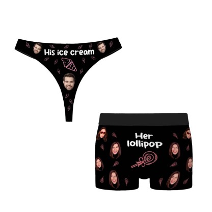 Personalized Ice Cream Lollipop Breathable Couple Thong Brief Boxer Underwear Set with Face Photo Valentine's Day Anniversary Gift for Him Her