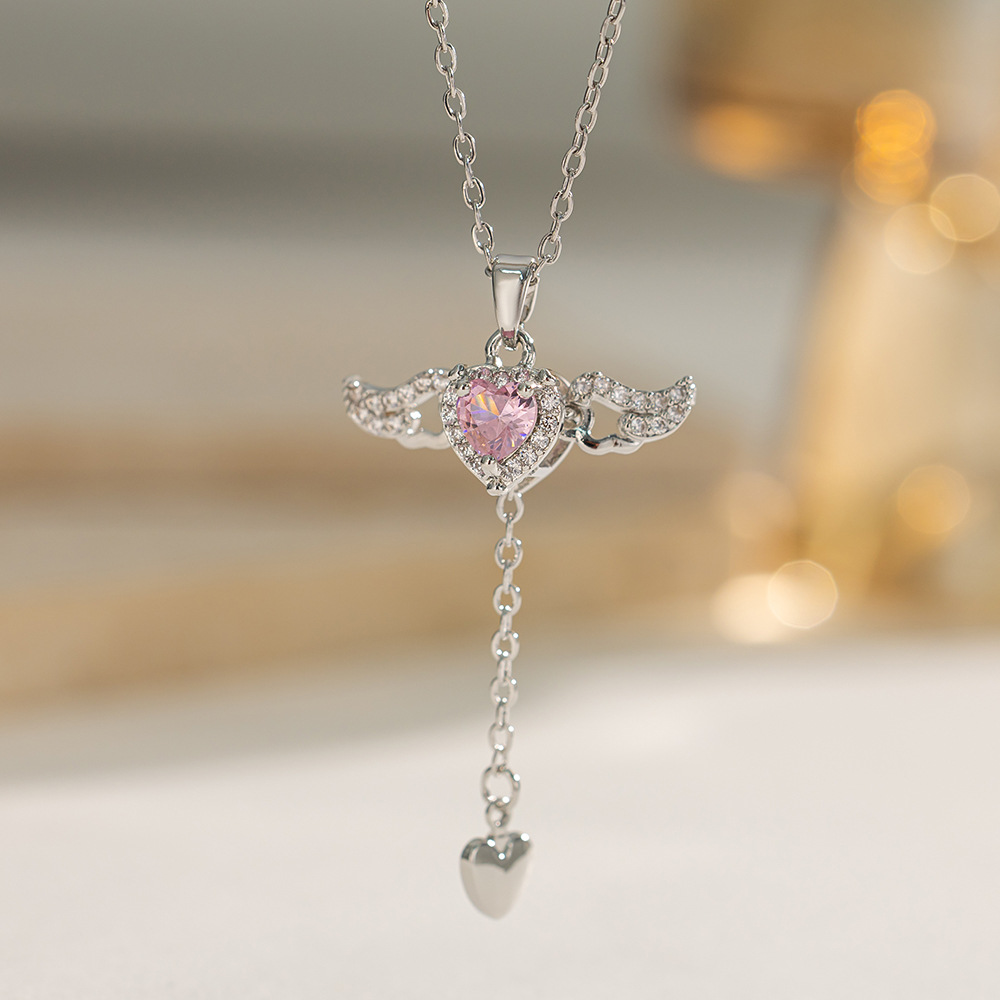 Crystal Heart-Shaped Angel Wings Necklace