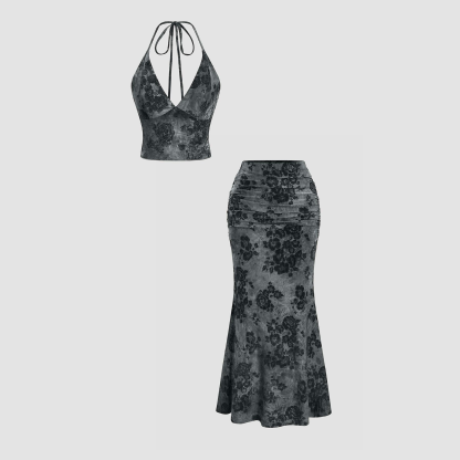 Printed Backless Pleated High-Waisted Fishtail Skirt Set