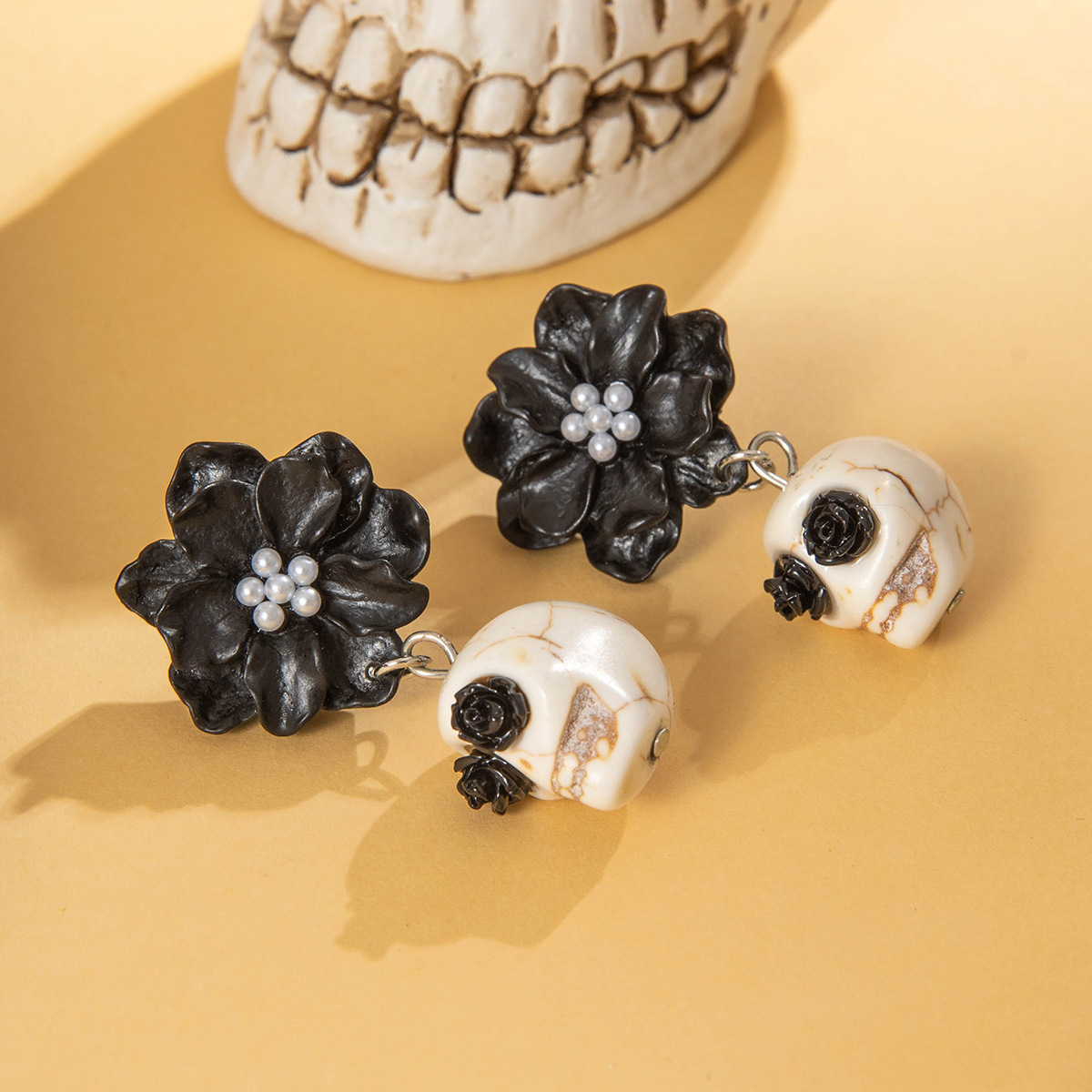 Skull and Black Camellia Earrings