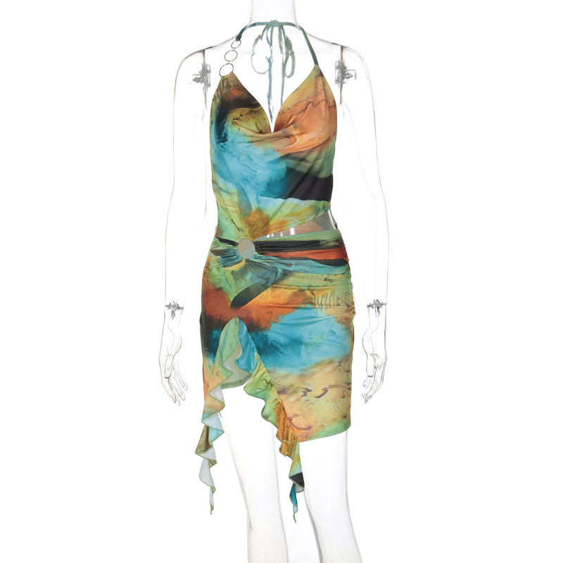 Hollow-out colorful mesh floral dress