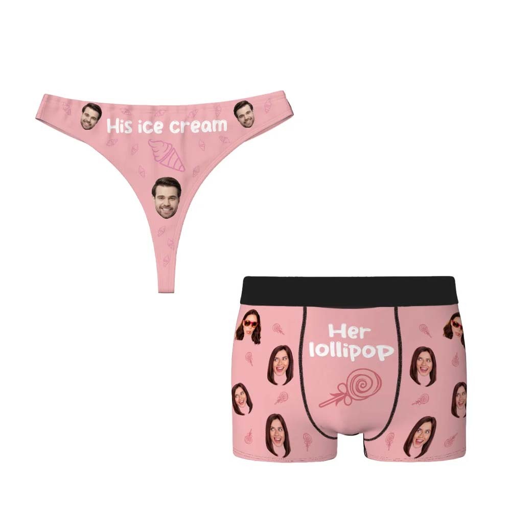Personalized Ice Cream Lollipop Breathable Couple Thong Brief Boxer Underwear Set with Face Photo Valentine's Day Anniversary Gift for Him Her