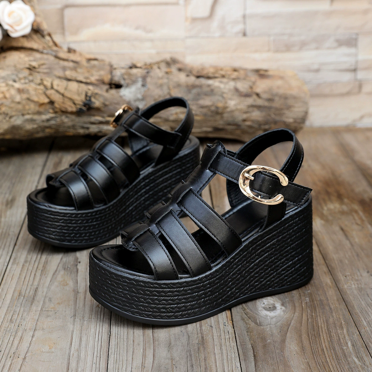 Buckle Woven Wedge Sandals