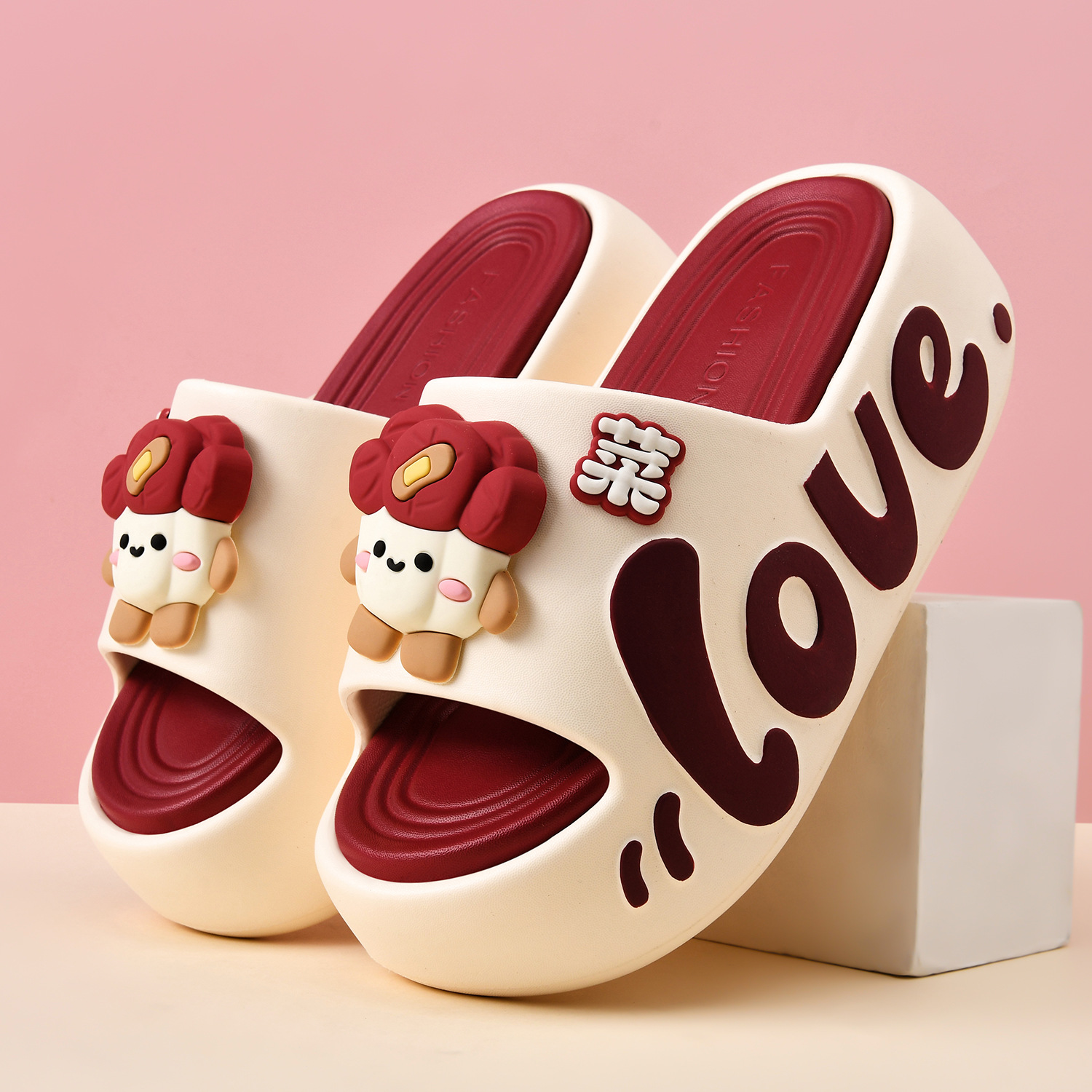 Cute Love Cartoon Doll Platform Slip On Summer Slippers