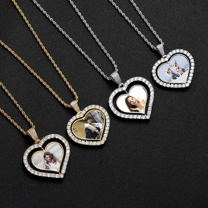 Heart Rotatable Double-Sided Photo Pendant Hip-Hop Necklace