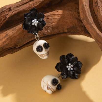 Skull and Black Camellia Earrings