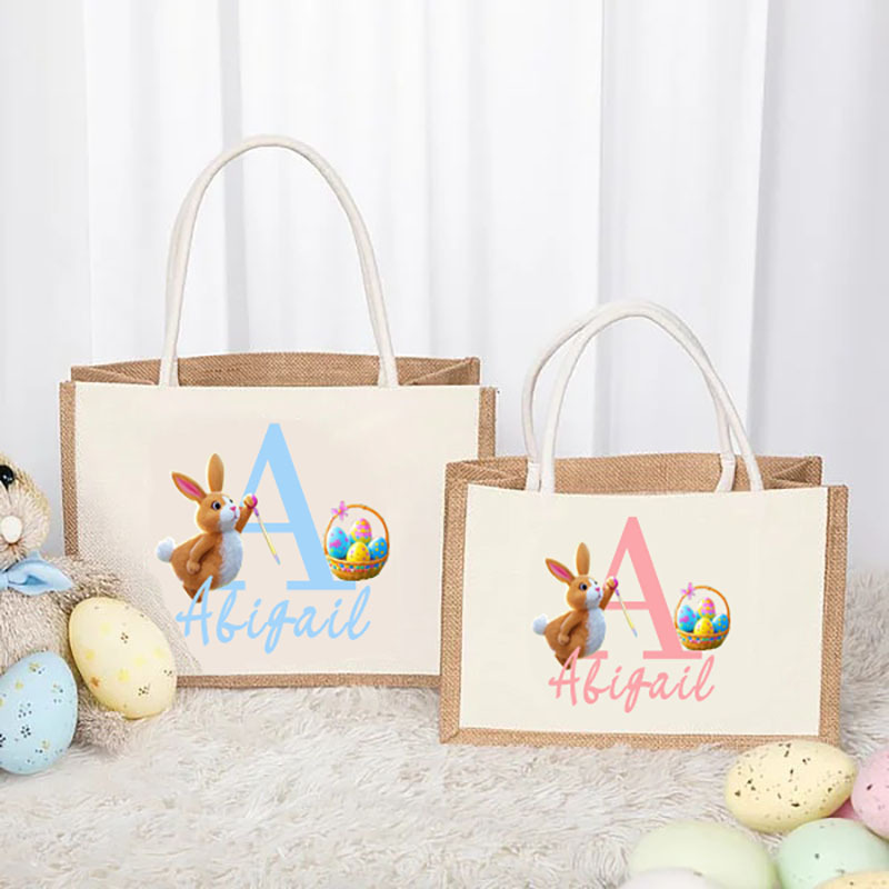 Personalised Cute Easter Bunny Large Jute Tote Bag