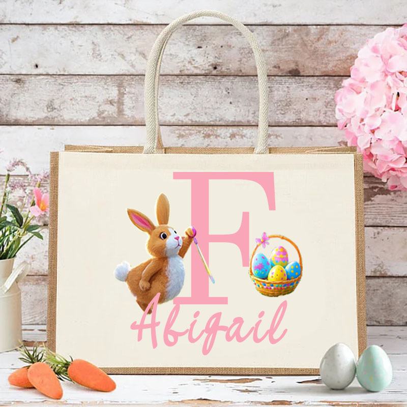 Personalised Cute Easter Bunny Large Jute Tote Bag