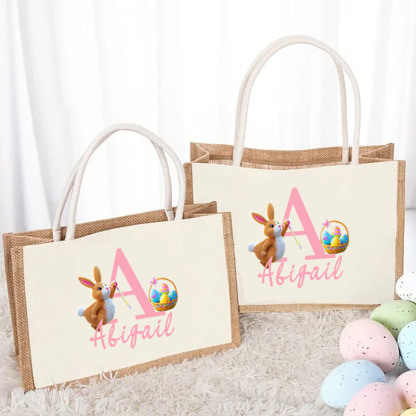 Personalised Cute Easter Bunny Large Jute Tote Bag