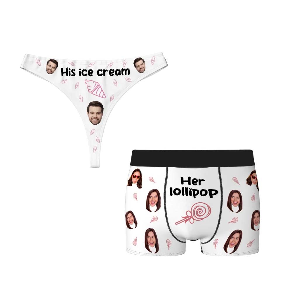 Personalized Ice Cream Lollipop Breathable Couple Thong Brief Boxer Underwear Set with Face Photo Valentine's Day Anniversary Gift for Him Her