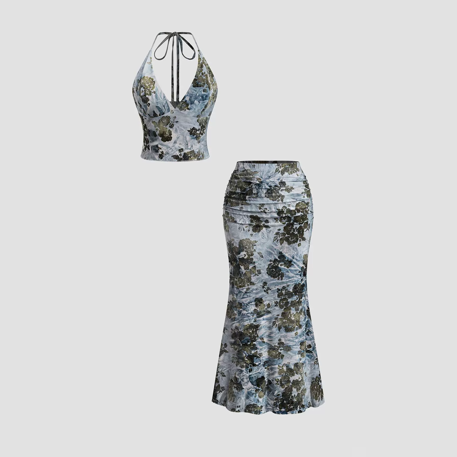 Printed Backless Pleated High-Waisted Fishtail Skirt Set