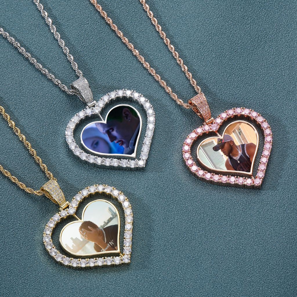 Heart Rotatable Double-Sided Photo Pendant Hip-Hop Necklace