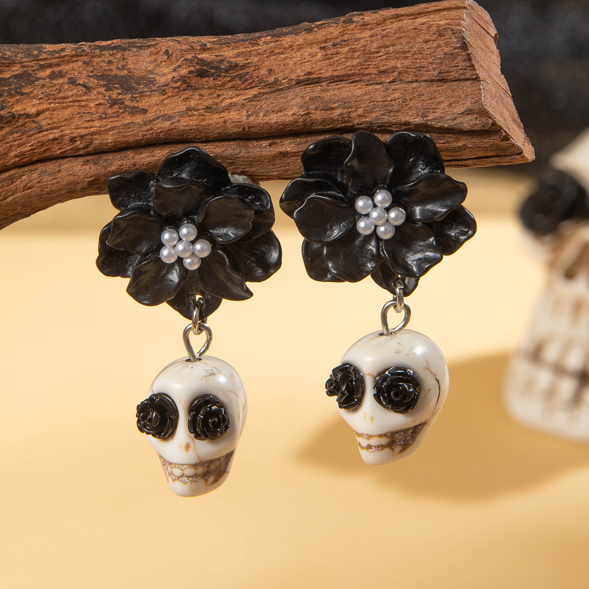 Skull and Black Camellia Earrings