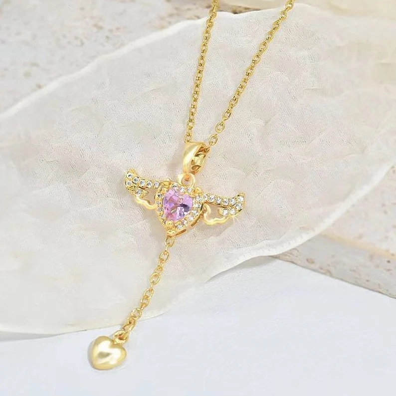 Crystal Heart-Shaped Angel Wings Necklace