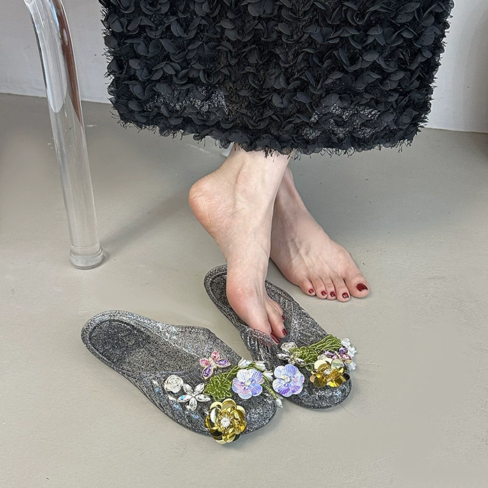 Floral Crystal Embellished Jelly Slide Sandals