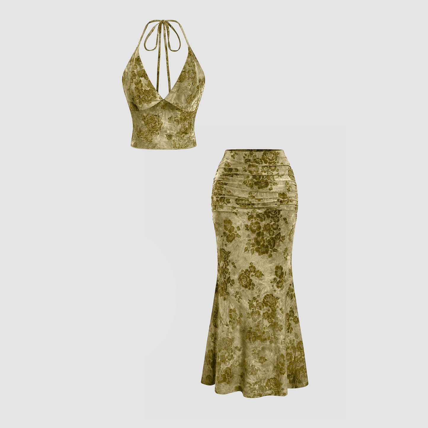 Printed Backless Pleated High-Waisted Fishtail Skirt Set