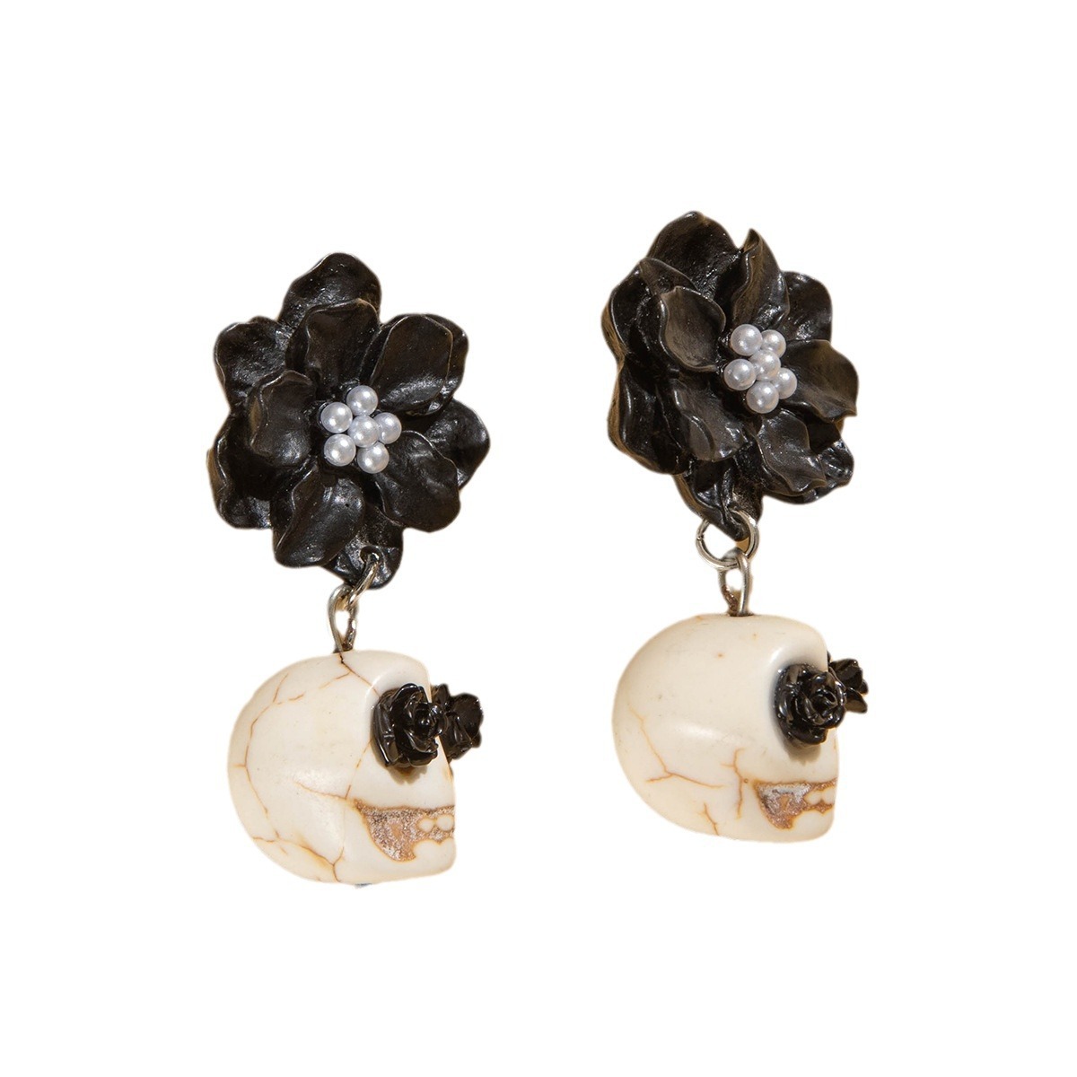 Skull and Black Camellia Earrings