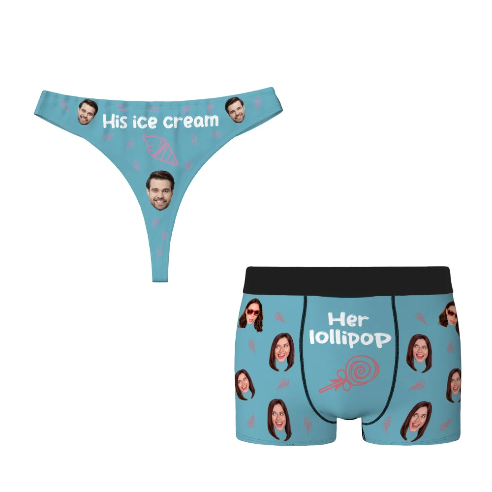 Personalized Ice Cream Lollipop Breathable Couple Thong Brief Boxer Underwear Set with Face Photo Valentine's Day Anniversary Gift for Him Her