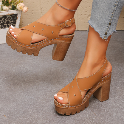 Studded Cross Strap Platform Chunky Heel Sandals