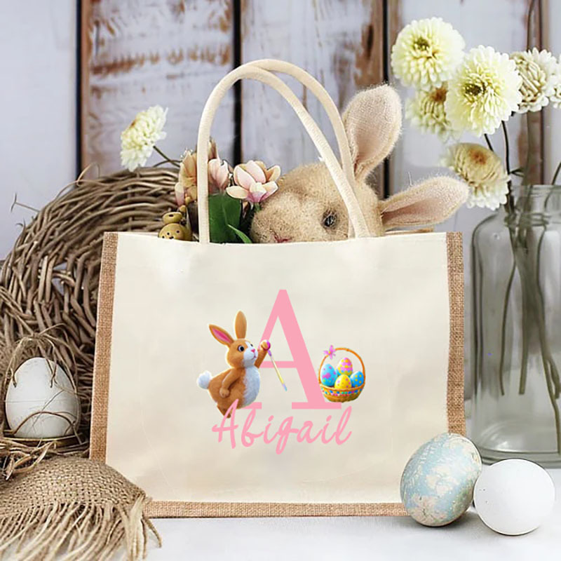 Personalised Cute Easter Bunny Large Jute Tote Bag