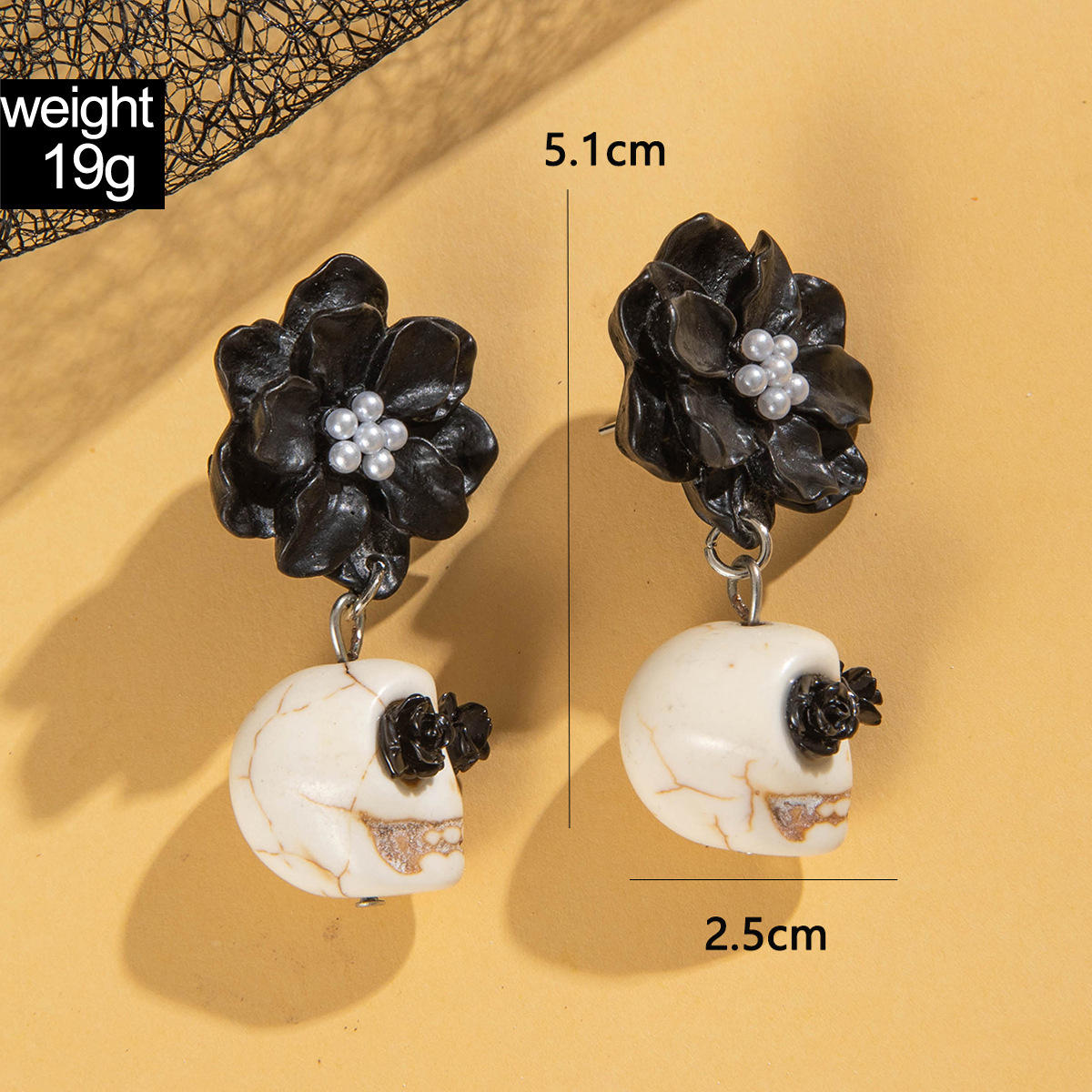 Skull and Black Camellia Earrings
