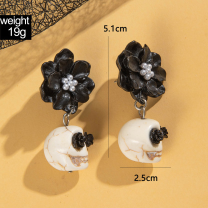 Skull and Black Camellia Earrings