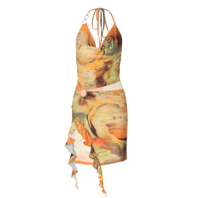 Hollow-out colorful mesh floral dress