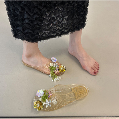Floral Crystal Embellished Jelly Slide Sandals