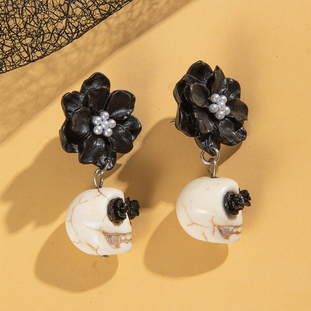 Skull and Black Camellia Earrings
