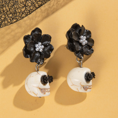 Skull and Black Camellia Earrings