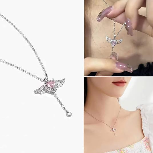 Crystal Heart-Shaped Angel Wings Necklace