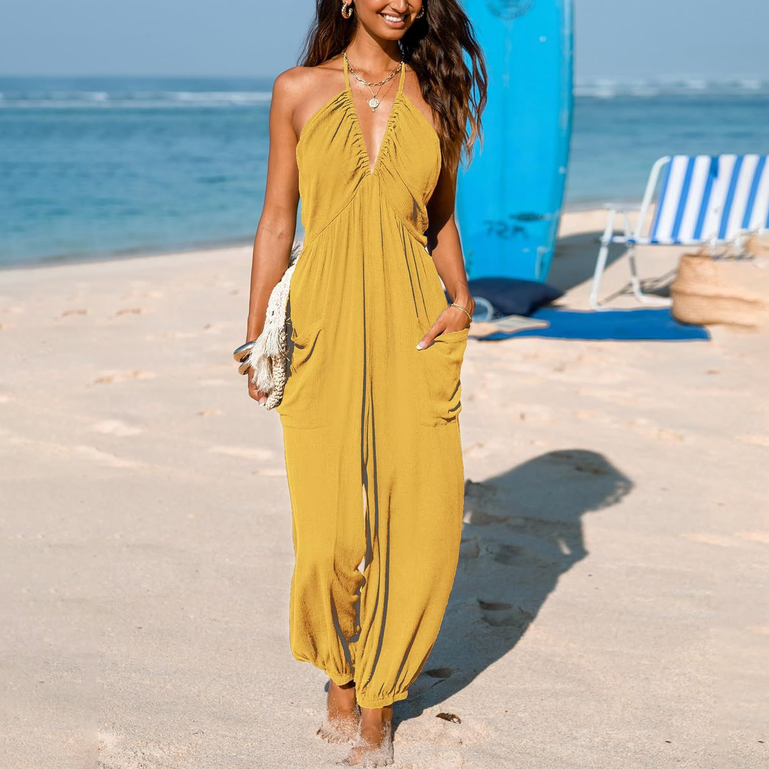 Casual Halter Neck Pocketed Beach Jumpsuit