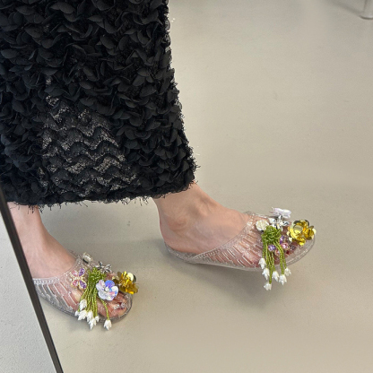 Floral Crystal Embellished Jelly Slide Sandals