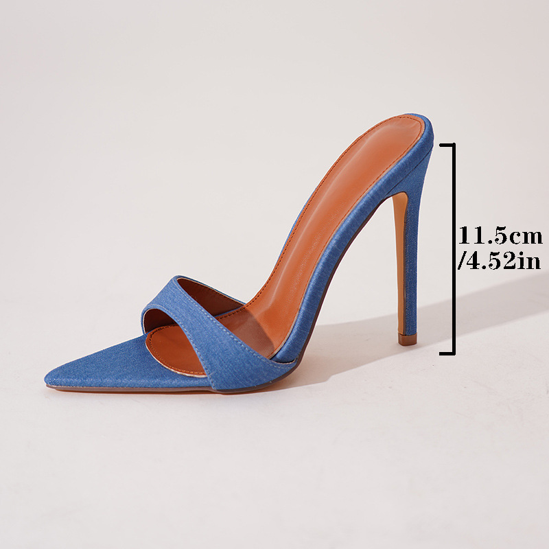 Pointed Toe Denim Stiletto Slip On Mule Heels