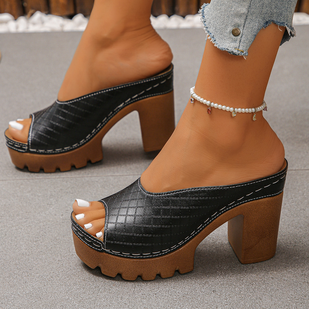 Vintage Croc Grid Platform Open Toe High Heel Slides