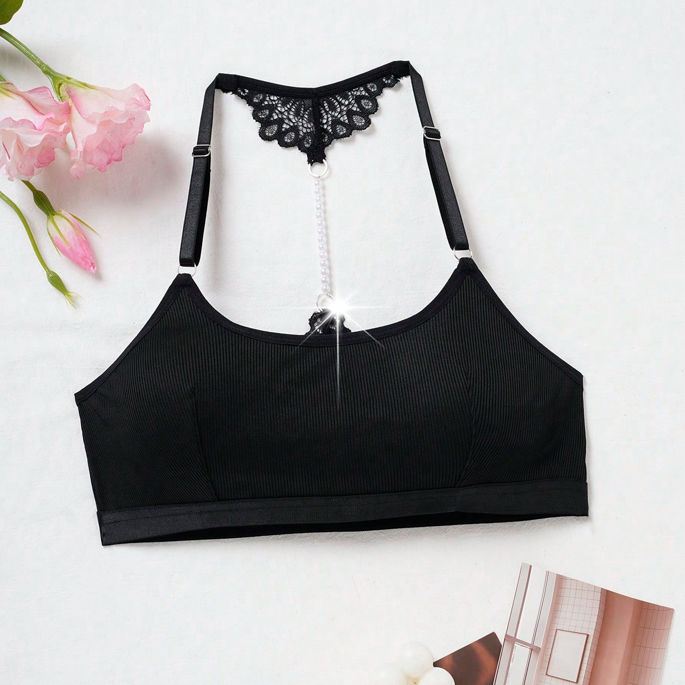 Lace Pearl Back Bra