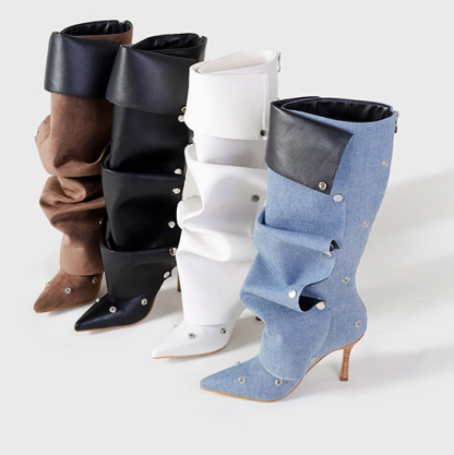 Studded Buckle High-Top Women Boots 