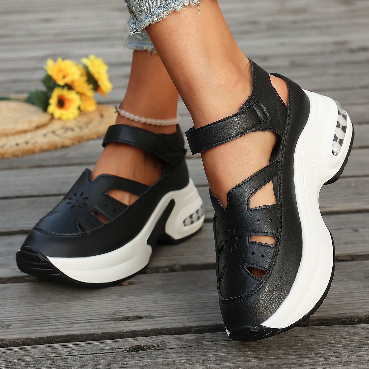 Wedge platform shoes with cutouts