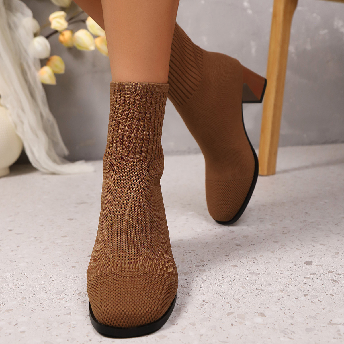 Knitted chunky heel mid-calf sock boots
