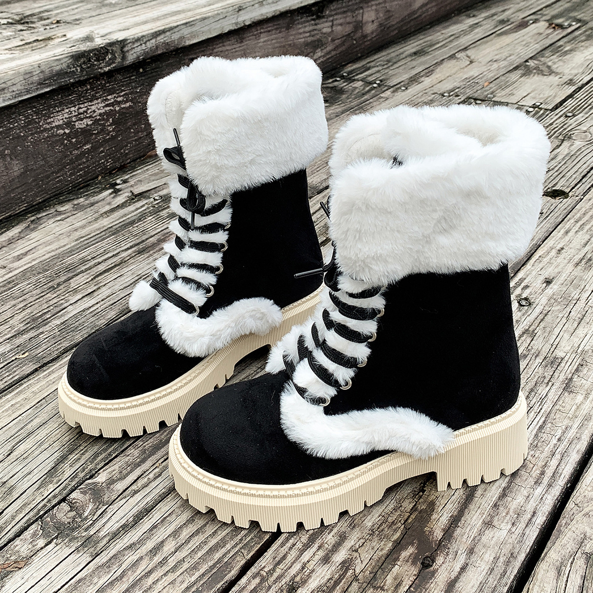 Women's Mid-Calf Snow Boots with Thick Sole and Turn-Up Cuff