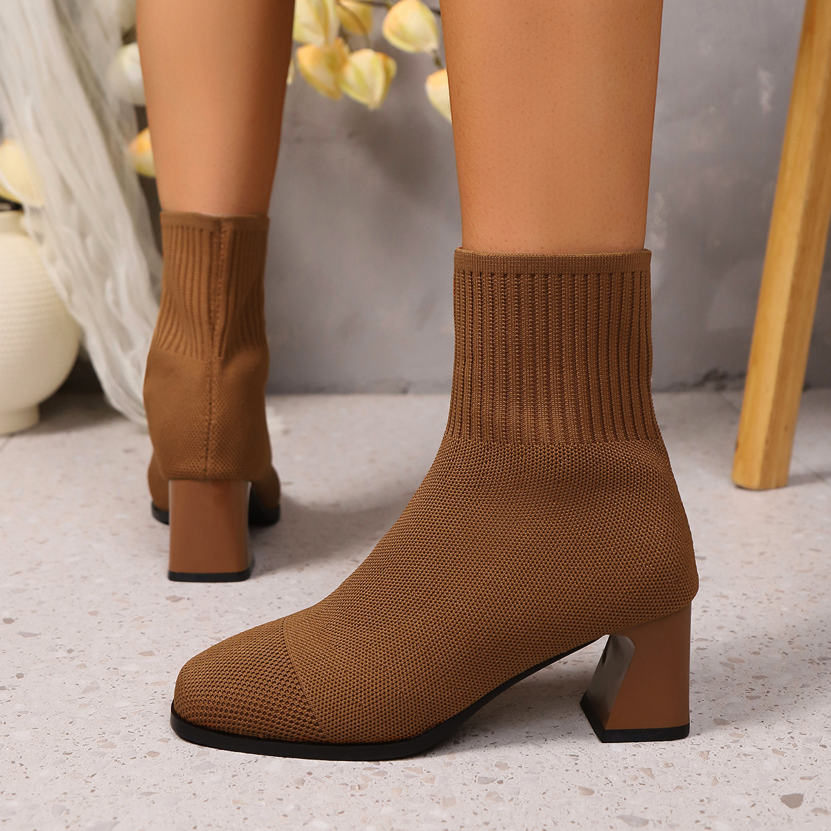 Knitted chunky heel mid-calf sock boots
