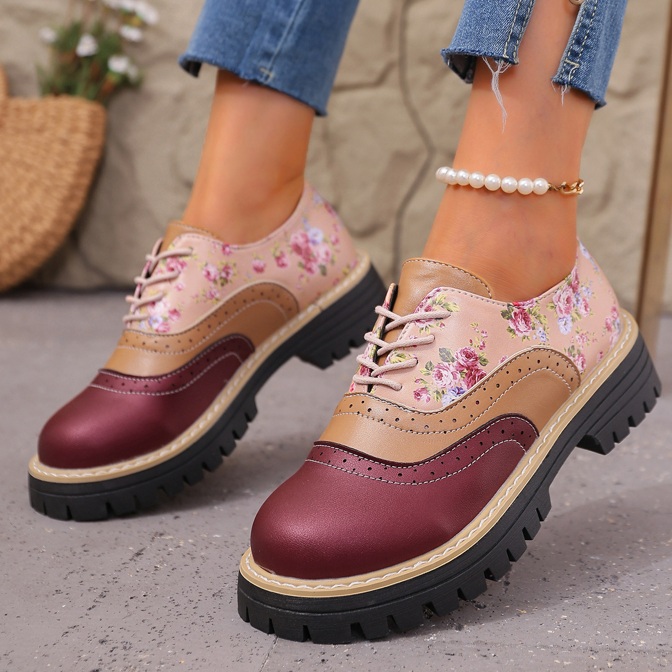 Chunky heel floral loafers