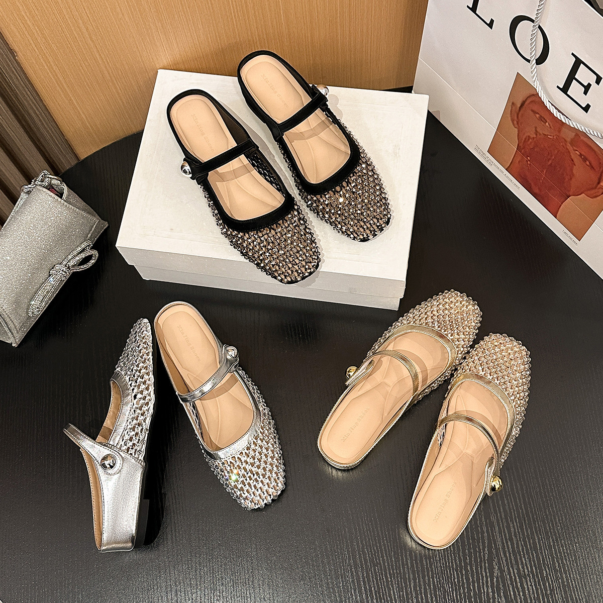 Square-toe openwork woven flat women's shoes