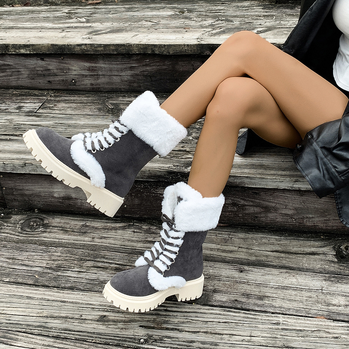Women's Mid-Calf Snow Boots with Thick Sole and Turn-Up Cuff