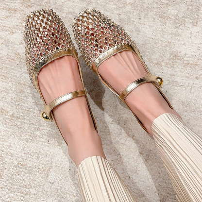 Square-toe openwork woven flat women's shoes