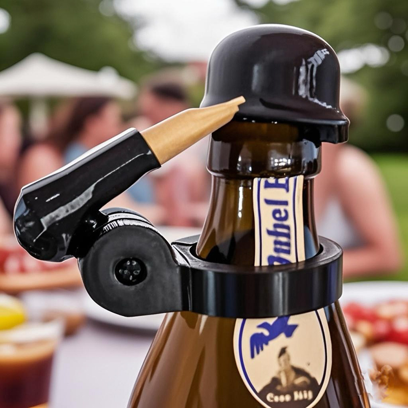 Soldier saluting beer bottle helmet