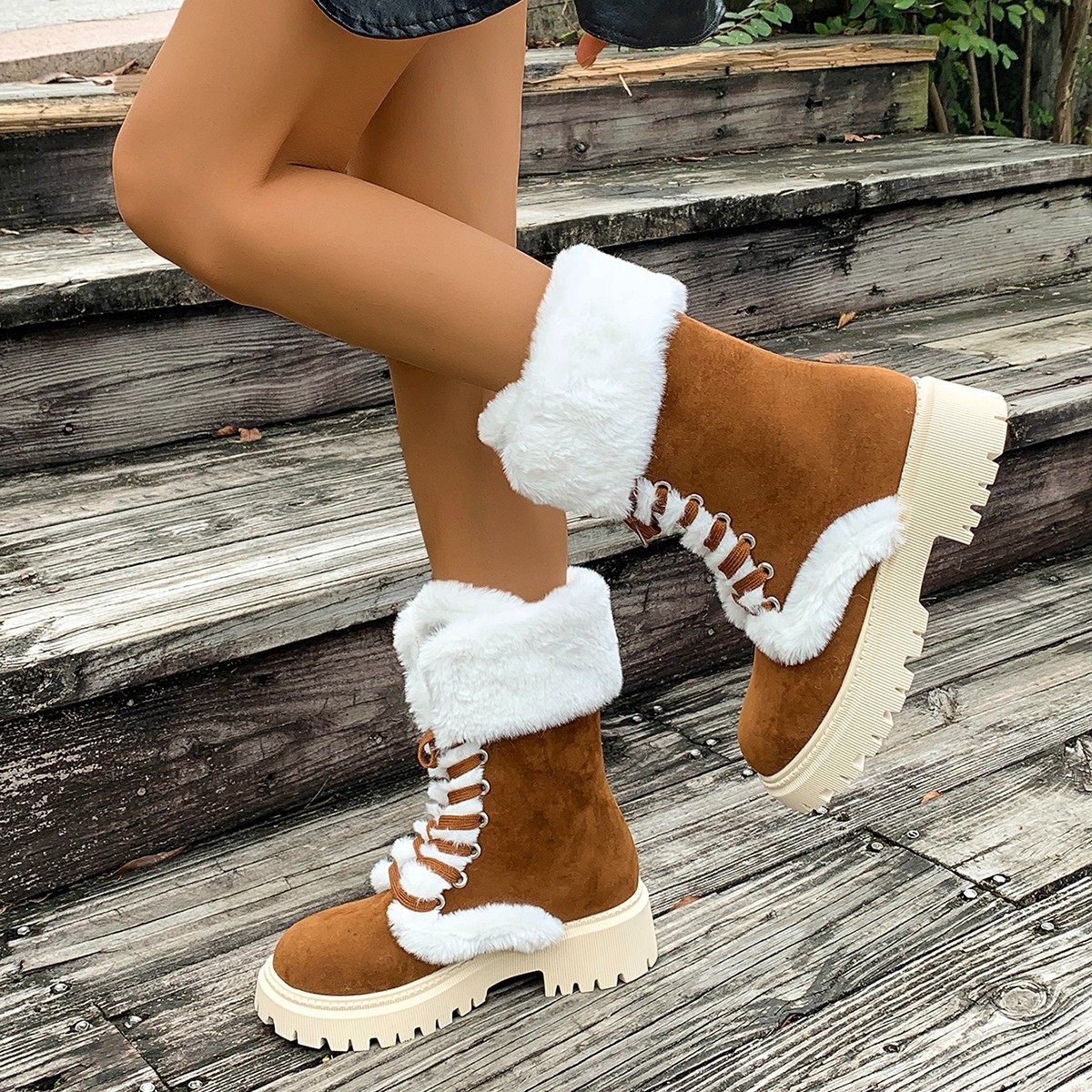 Women's Mid-Calf Snow Boots with Thick Sole and Turn-Up Cuff