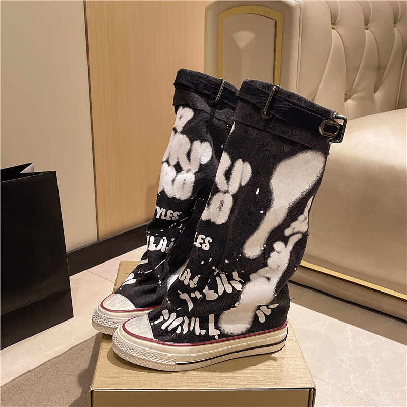 Graffiti High-Top Canvas Slouch Boots