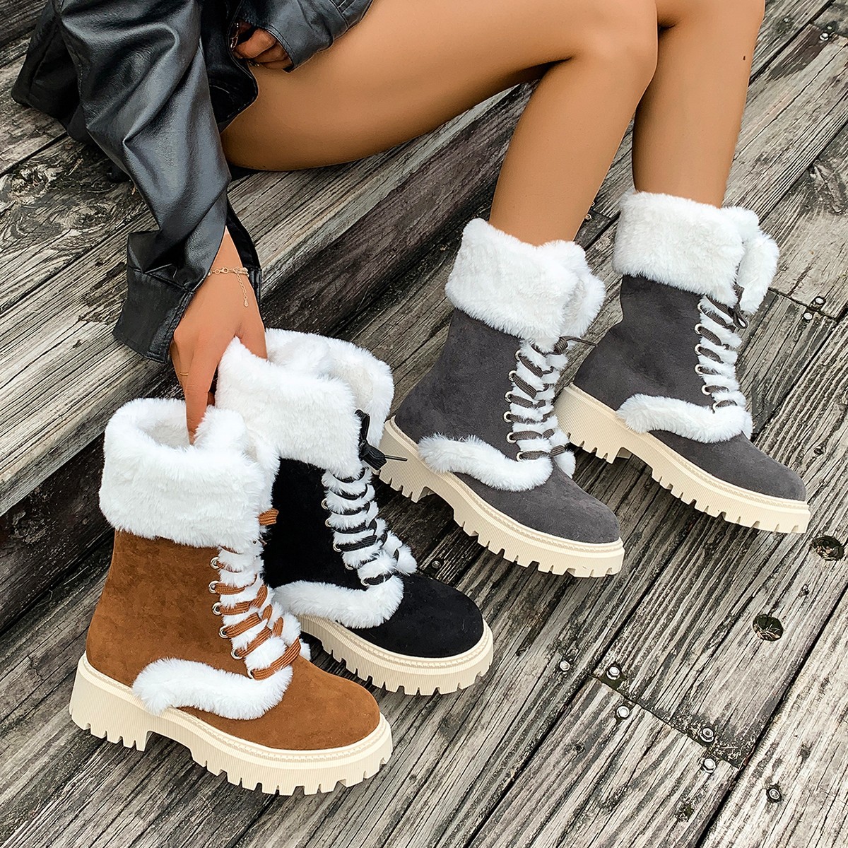 Women's Mid-Calf Snow Boots with Thick Sole and Turn-Up Cuff